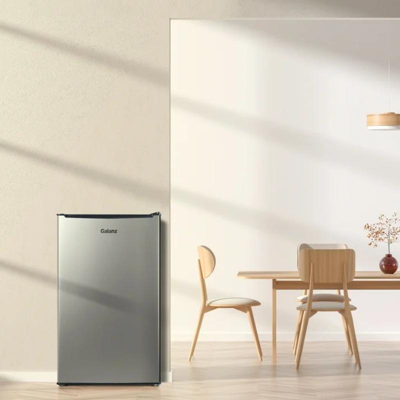 Galanz 3.3 Cu ft One Door Mini Fridge, Estar, Stainless Steel Look, New