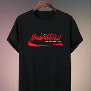 Clever Faith & Pop Culture Mashup Top Enjoy Jesus In Vintage Soda Script For A Thought-Conversation Street Style Casual Sports T-shirt Made In USA For Women For Men [Block Core Threads cotton t-shirt/sweatshirt/hoodie, soft and comfortable]