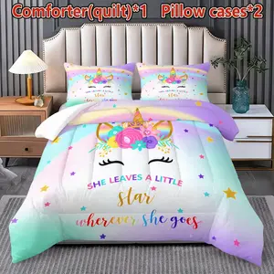 Unicorn Star Bedding Set, 3 Piece Rainbow Comforter & Pillowcases, Kids Bed Decor, Cotton Material, Ca Prop 65 Compliant