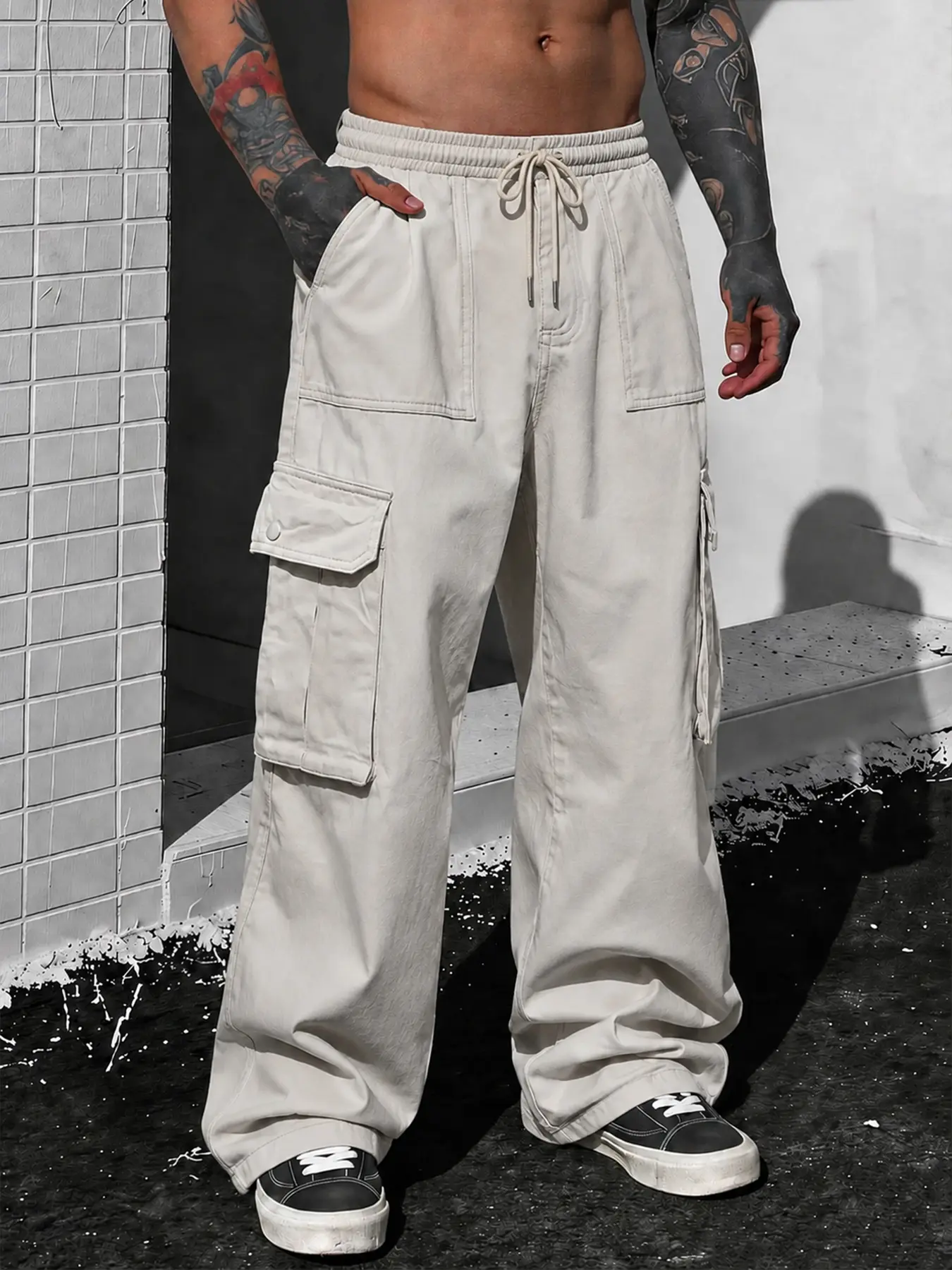 Men's Cargo Trousers for Tall Men with Thick Thighs - Casual Chic Menswear, Loose Fit Draping Aesthetic, Drawstring Elastic Waist, Button Flap Pockets, Plain Parachute Pants Alternative, Preppy, Retro, Vintage, Work, Urban Chic Men's Pants, H Type