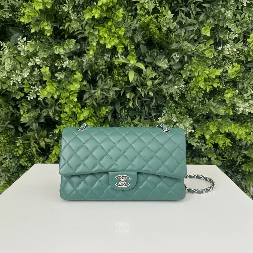 Pre-owned CHANEL Leather Shoulder Bags Green Lambskin Classic Medium Double Flap Rare Colorway