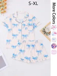 Women's All Over Print Pajama Set, Casual Comfy Short Sleeve Lapel Neckline Pocket Shirt & Shorts PJ Set, Ladies Summer Sleepwear, Sleepwear Pajamas Set