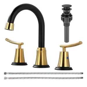 WOWOW 8 in. Widespread Double Handle Bathroom Faucet with Pop Up Drain Included and 360° Swivel Spout in Black and Gold