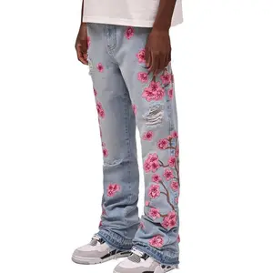 Men's Casual Floral Ripped Jeans with Pockets - Loose Fit Denim Pants, Pink Blossom & Black Distressed Design, Comfortable Streetwear for All Seasons, Allseason Pants |   Street Style Pants |   Durable Fabric