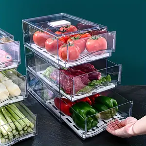 Transparent Rectangular Plastic Storage Box, Stackable Drainage Food Container, Kitchen Refrigerator Organizer, 1pc Drawer Style, Stackable Fridge Organizer