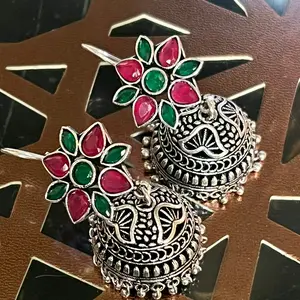 Greman silver jhumkas Red+Green