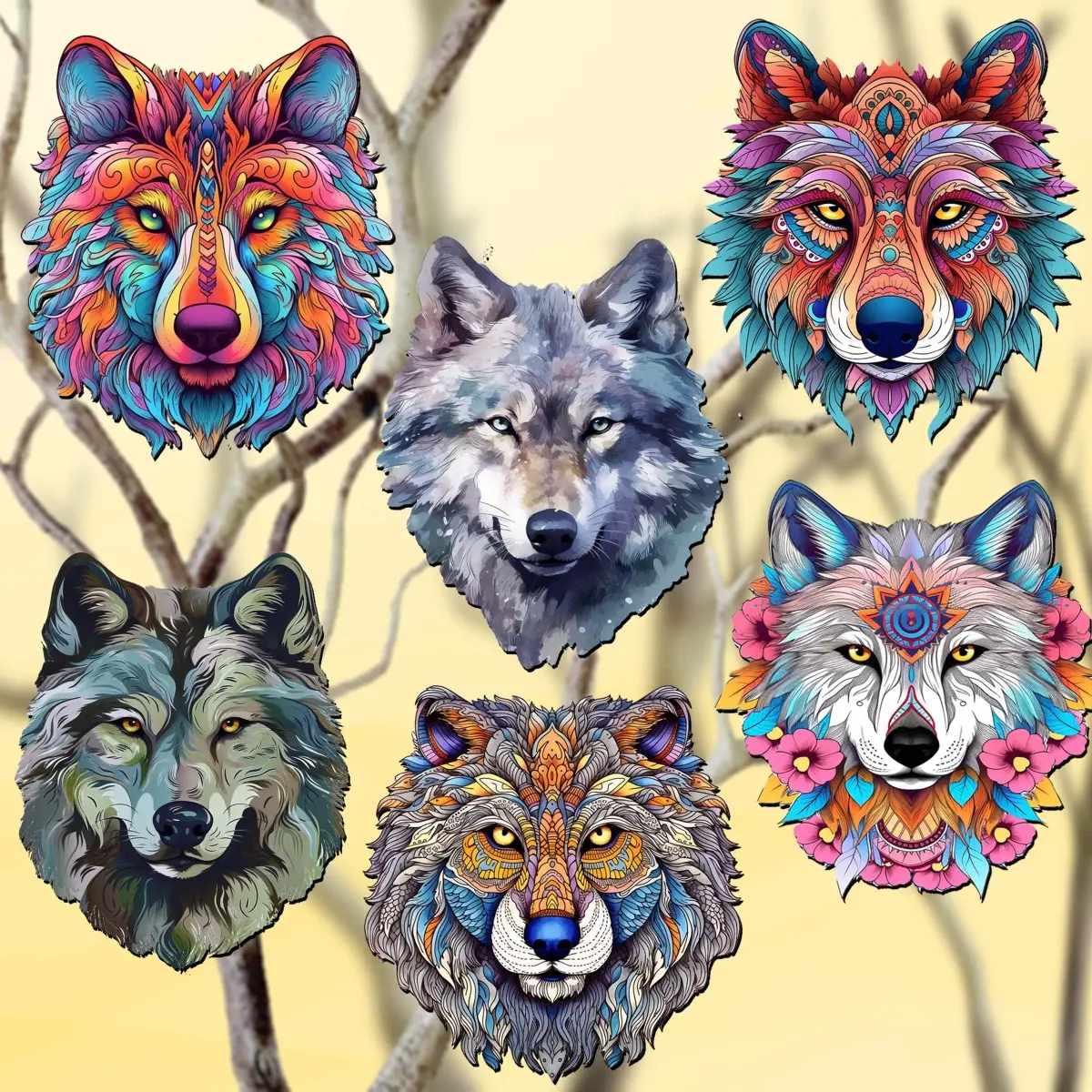 Designocracy UV-Coated Rustic Wolf Head Animal Wooden Clip-On Christmas Ornaments, 2x2x0.25 in, 0.8 lbs, Set of 6, Festive Home Decoration Gift