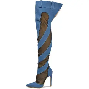 Mesh Denim Thigh High Boots for Women - Over Knee Boots - Blue Thigh High Boots (Mandali)
