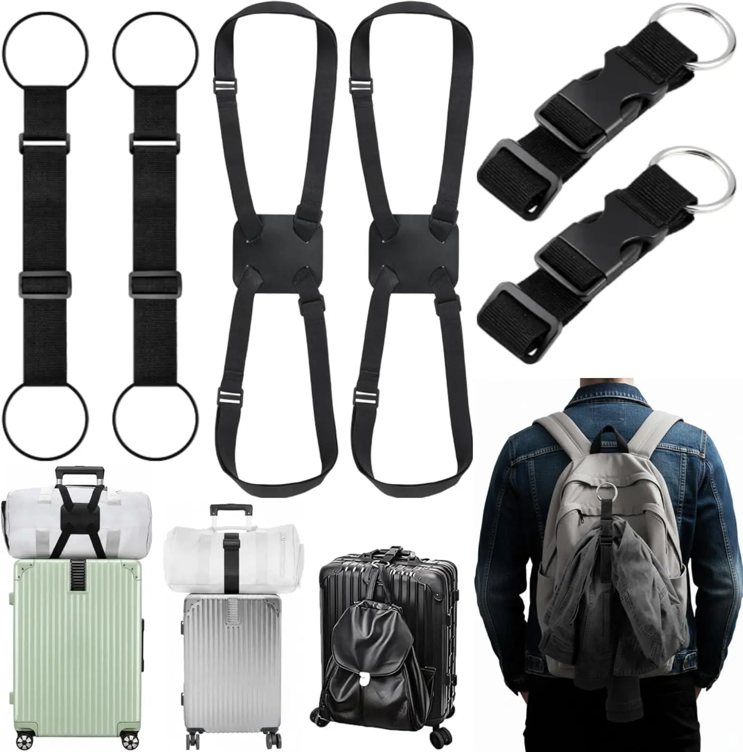 6 Pack Luggage Straps for Suitcases, Adjustable Travel Belt to Add a Bag, Suitcase Connector Straps for Carry on Luggage Bungee Elastic Travel Accessories with Backpack Attachment sohochic