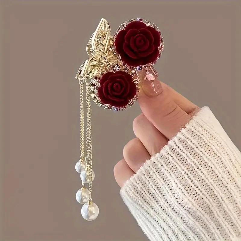 Women's Elegant Vintage Rose Tassel Hair Clip - 1pcs Flower Claw Clip, Cute-Shaped Floral-Shaped Hair Accessory, Durable Easy-to-Use Design with Random Sanrio Postcard, Ideal Gift for Style Lovers, Flower Claw Clips, Cute-Shaped Hair Clips