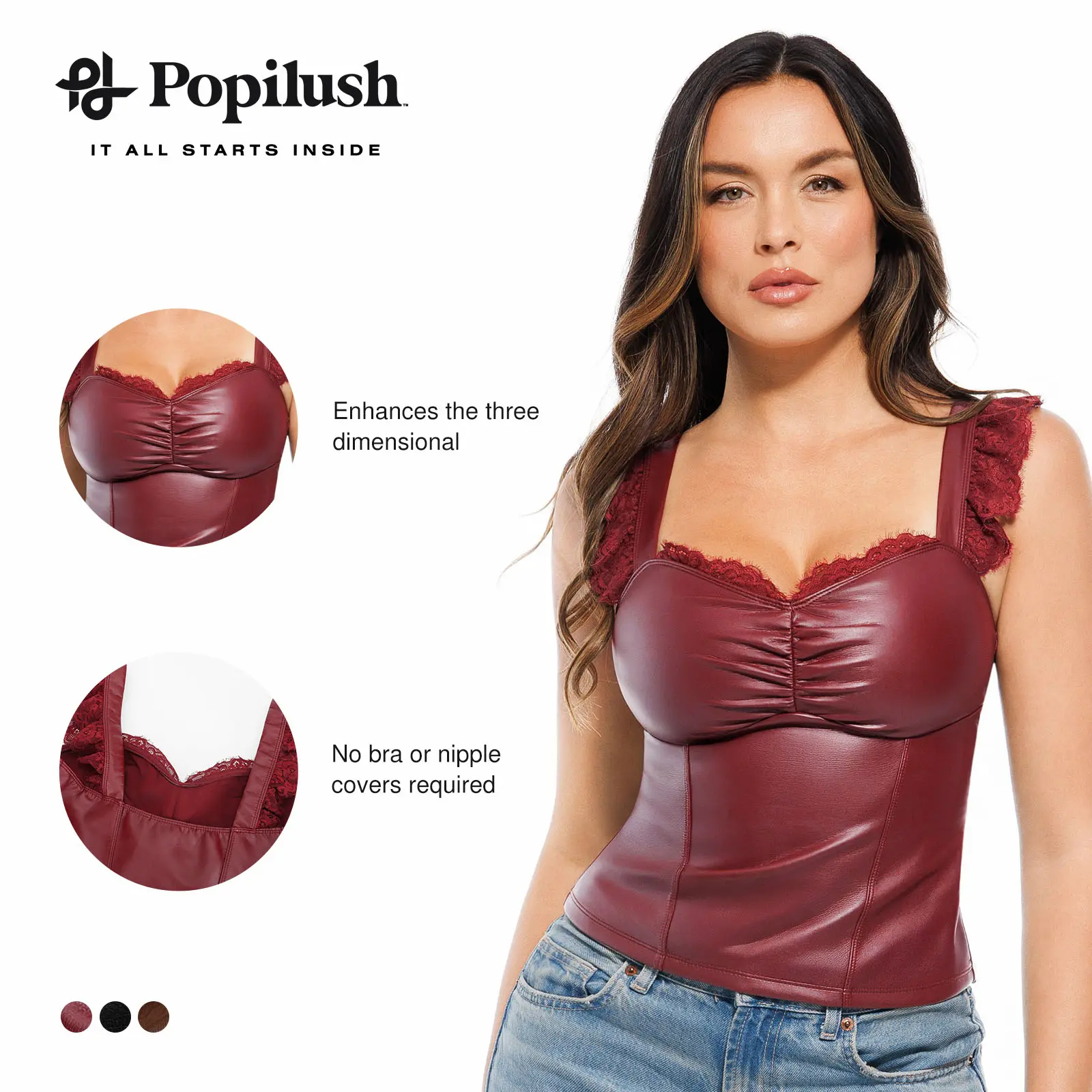 Popilush Fashion Leather Corset Top Basic Piece Lace Trim Bustier with Front Ruched Detail Womens Tube Top Popilush Fashion Leather Corset Top Basic Piece Lace Trim Bustier with Front Ruched Detail Womens Tube Top