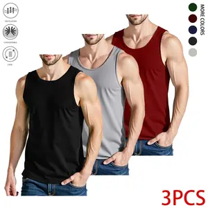 Set of 3 men’s soft, breathable sleeveless tank tops with a large crew neck — sporty casual loose fit — breathable muscle-enhancing design — suitable for indoor and outdoor wear — comfortable fabric construction
