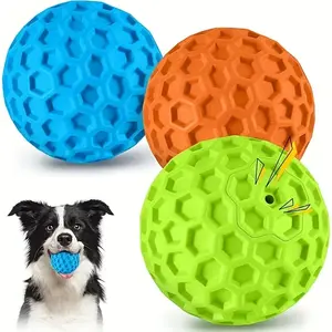 Indestructible Squeaky Dog Chew Ball, Durable Natural Rubber Toy for Aggressive Chewers, Hexagon Textured for Teeth Cleaning & Interactive Play, 2 size