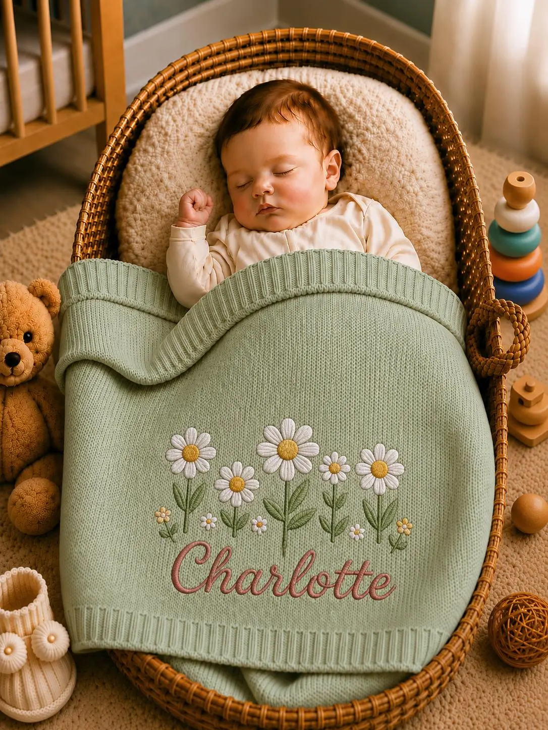 [Made-to-Order] Personalized Daisy Embroidered Baby Blanket, Custom Name Knit Blanket with Floral Flowers for Newborn, Daisy Nursery Keepsake, Baby Shower Gift