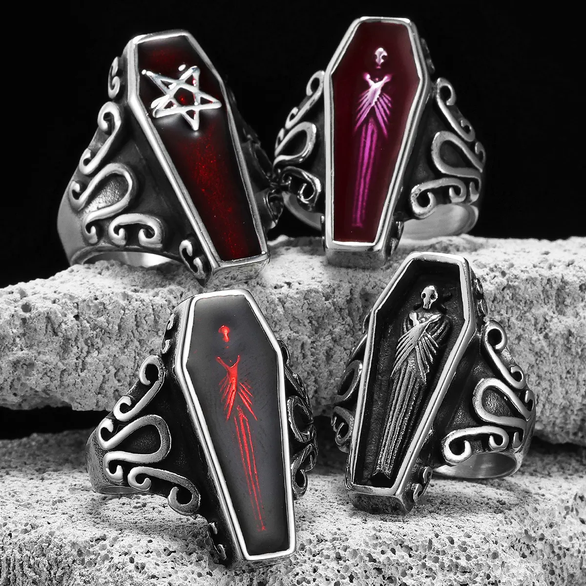 Unisex Gothic Grunge Mummy Vampire Coffin Rings - Stainless Steel Punk Rock Fashion Accessories, Cool Costume Jewelry for Gifting, Goth, Steel, Alternative Style, Dark Art, Death Motif, Goth Rings, Steel Rings