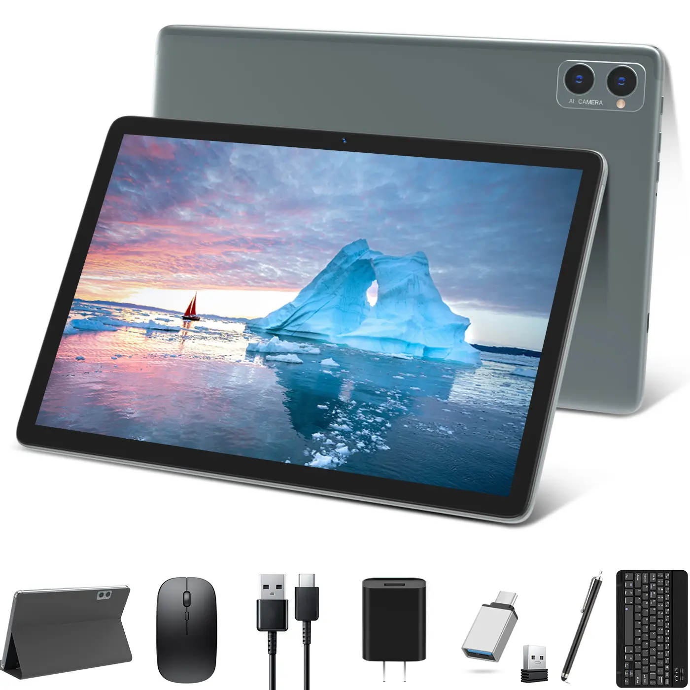 10 Inch Android Tablet | Keyboard & Foldable Cover Included | 8GB RAM + 128GB + 1TB Expansion | Octa-Core, 13MP+8MP Dual Cam | 5G WiFi, BT, GPS | Bundled Stylus & Mouse - Gray