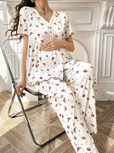 Women's Casual Elegant Maternity Set, Short Sleeve Long Pants Two-Piece, Comfortable Home Wear for All Seasons, Maternity Outfits, Pregnancy Outfits