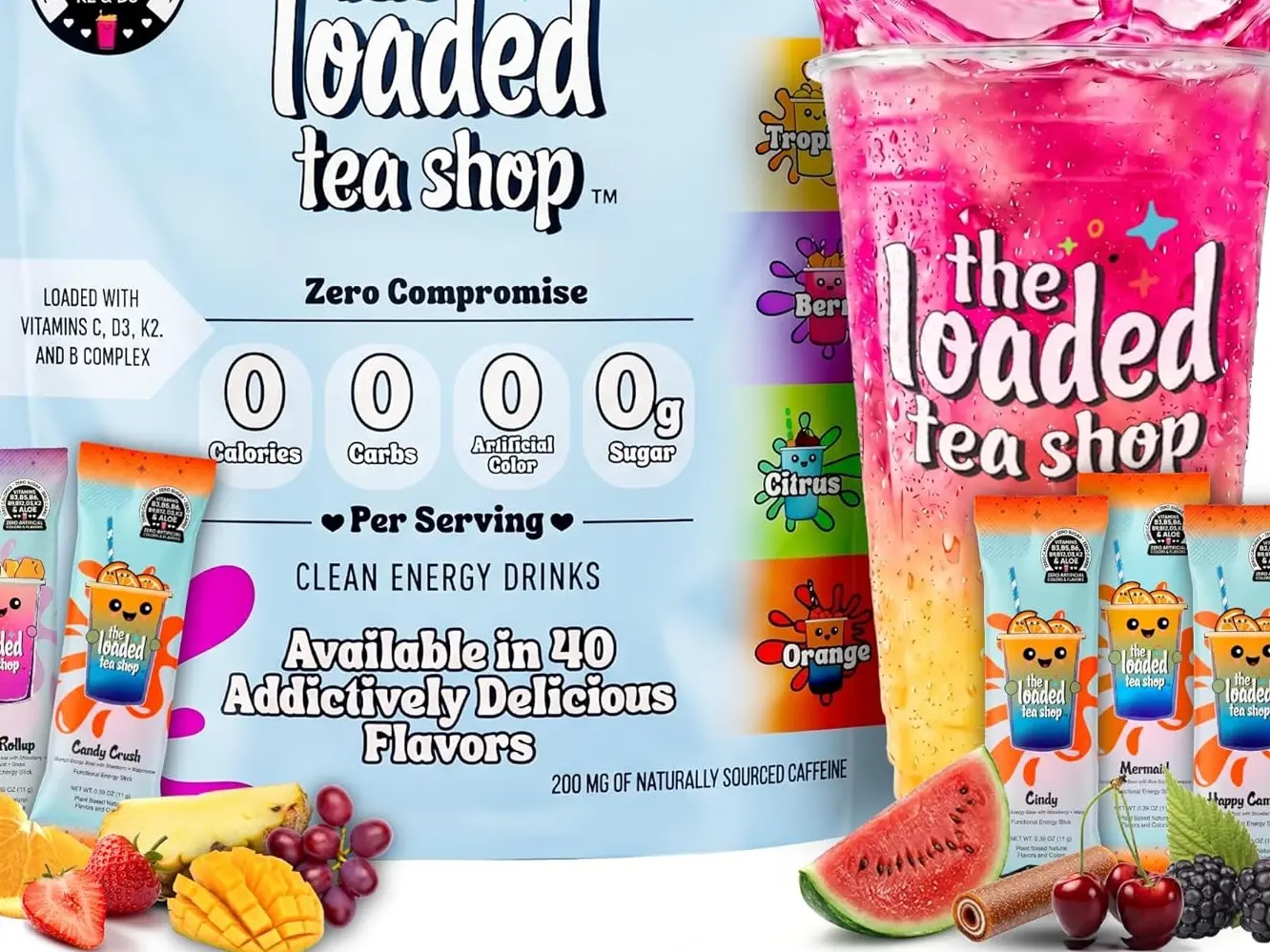 The Loaded Tea Shop Sugar Free Energy Drink Powder Mix, Natural Caffeine B Vitamins Sticks - Mom Mode Collection (5 Pack)