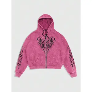 Y2K Hoodies Gothic Graphic Zip Up Long Sleeve Drop Shoulder Hooded Sweatshirt