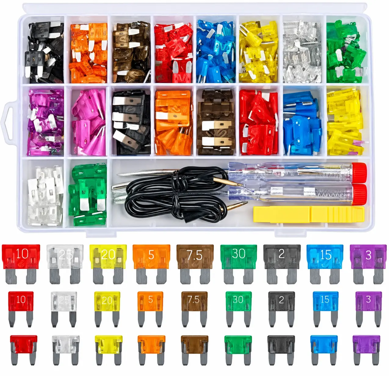 Strong 306-Pc Zinc Blade Fuse Kit - Standard & Low Profile Mini (2A,5A,7.5A,10A,15A,20A,25A,30A,35A) for Car Automotive Replacement with Fuse Puller, Circuit Tester