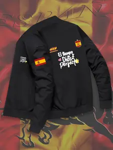 Men's Spanish Print Trendy Winter Jacket, High-End Casual Baseball Neck Zipper Coat, Perfect for Sports and Outdoor Activities