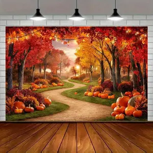 Modern Farmhouse Autumn Forest Amber Glow Polyester Banner - Seasonal Wall Decor for Home & Party, Festive Fall Photo Backdrop, Autumn Leaves & Pumpkins