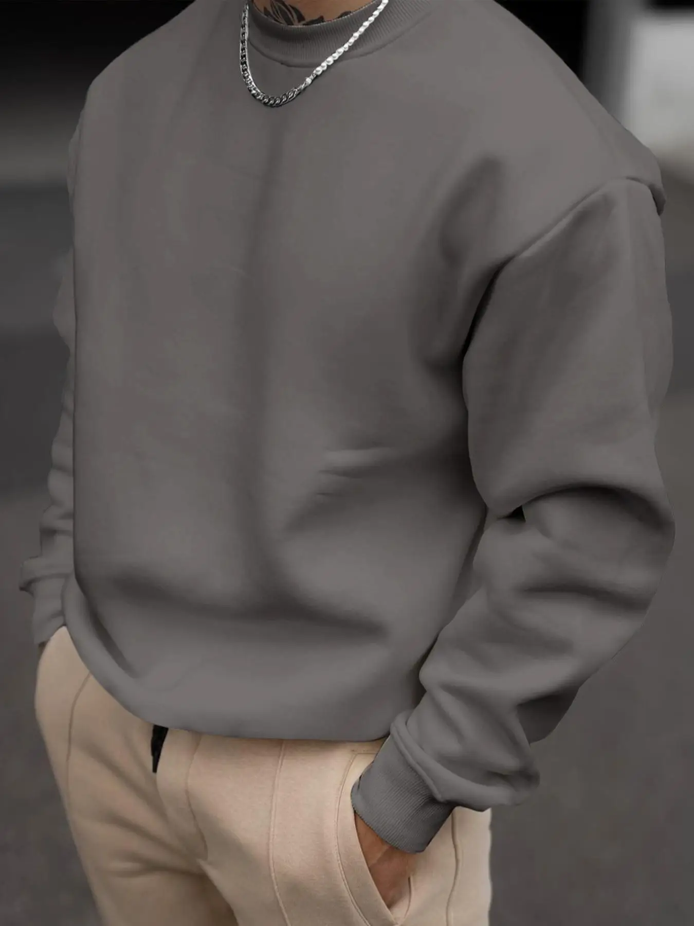 Men's Loose Solid Drop Shoulder Round Neck Sweatshirt, Casual Minimalist Long Sleeve Crew Neck Pullover For Spring Fall, Men's Clothes For Daily Wear