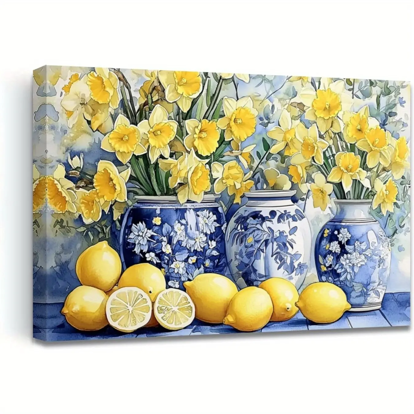 Vintage Lemon & Blue Ceramic Canvas Art - Rustic-Style Kitchen Wall Decor (Framed, 12x16 inches). A painting featuring yellow lemons in a blue vase; bright citrus fruit artwork ideal for home or dining room use. Lemon-themed kitchen decor-a 2D flat print