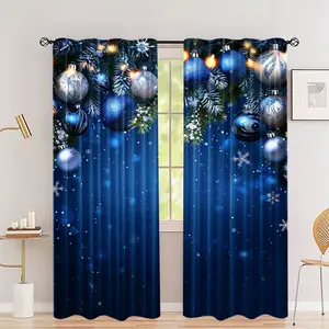 2 pieces, blue Christmas ball curtains with pine and snowflake designs, pole pocket style, semi sunshade polyester fiber, suitable for home and caf é window decoration, Christmas curtains, Window decorations supplies