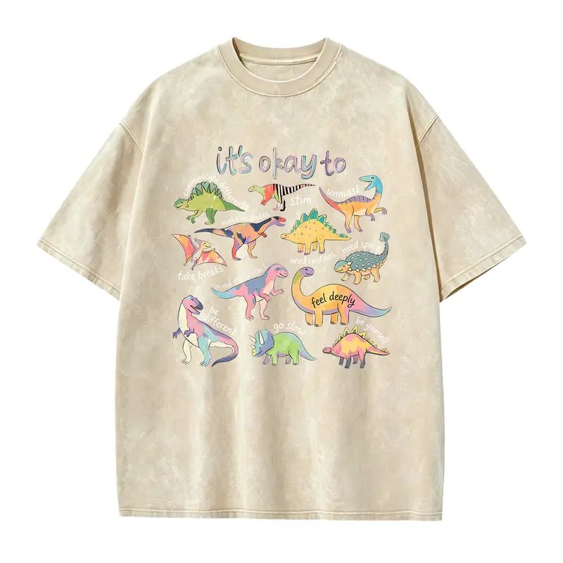 Women's Fitted Round Neck Short-Sleeve Graphic T-Shirt - Smooth Seamless Fabric, Vibrant Graphics, "It’s Ok To Be Different" Dinosaur Design, Neurodiversity Gift for SPED Teachers, Graphic T Shirts