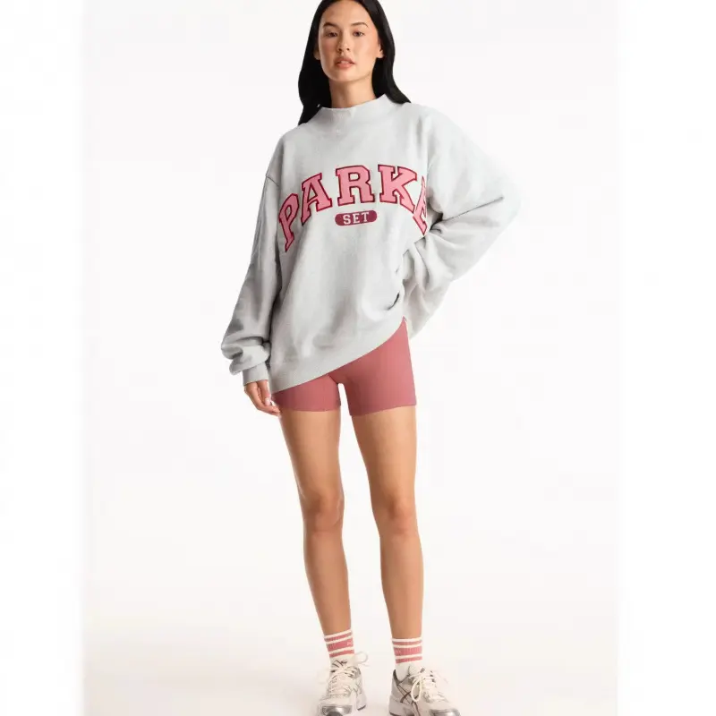 PARKE Women's Stand Collar Letter Print Sweatshirt, Oversized Loose Fit Long‑Sleeve Pullover Casual Athleisure Top