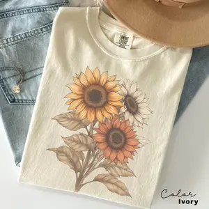 Comfort Colors Sunflower Shirt Aesthetic Vintage Floral T-Shirt Trendy Retro Boho Graphic Tee Wildflower Gift for Her Minimalist Botanical Top Oversized Sunday Shirt 2026 Bloom Tee Support Nature Era Art Yellow Flower