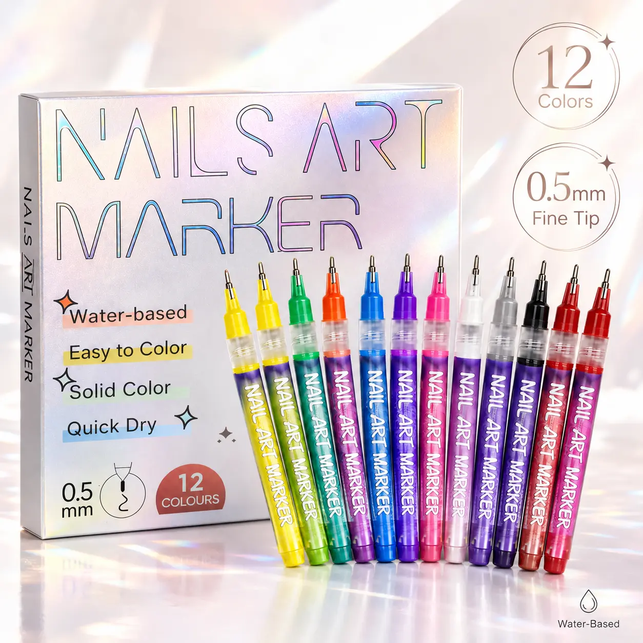 12-Color Nail Art Doodle Pens Set - Quick-Dry Water-Based Acrylic Markers for DIY Manicure, 3D Dot & Stitch Embroidery Painting, Nail Care for Home & Salon Use