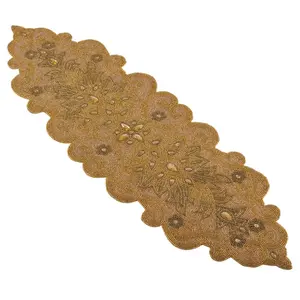 212 MAIN Gold Beaded Scroll Motif Table Runner - Jeweled Design, Elegant Glam Style, Premium Jute Fiber Household Kitchen Linen Textile, Machine Washable for Dinner Parties, Dining Table Decor