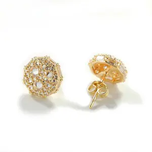 Cubic Zirconia Round Stud Earrings for Men Women, Copper Gold Iced Out Hip Hop Earrings, Minimalist Zircon Luxury Jewelry, Unisex Trendy Streetwear Earrings, Everyday Gift for Him Her, Hypoallergenic Diamond Simulant Earrings