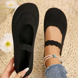Women’s all-season knit Mary Jane flats, solid color slip-on round toe shoes, fabric upper and inner lining, rubber sole, hand washable, available as a North American and European special.