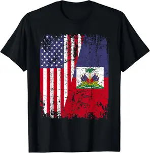100% Cotton Unisex HAITIAN ROOTS | Half American Flag | HAITI FLAG T-Shirt