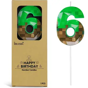 2.68 Inch Miner Number Birthday Candles, Game Themed Candle for Pixel Theme Birthday Anniversary Dynamite Video Game Party Decoration (Green, 6)