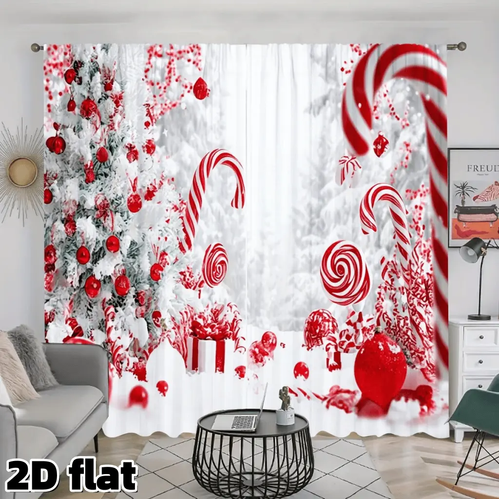2D Flat 2Pcs Christmas Candy Cane Print Curtains Red White Snow Scene Rod Pocket Design Semi Sheer Polyester Fabric Holiday Theme Window Treatment Sets for Living Room Bedroom Kitchen Decor Winter Festival Decoration