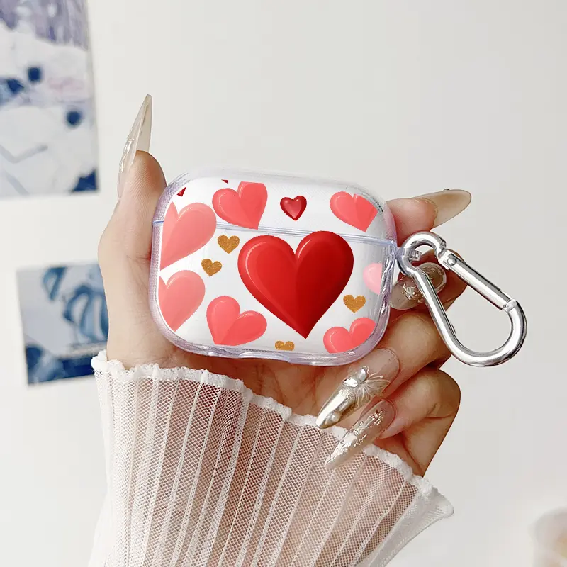 Heart Symphony Pattern Protective Case for AirPods 4/3/2/1/Pro/Pro2/Pro3 Soft TPU Earphone Cover, Transparent with Keychain