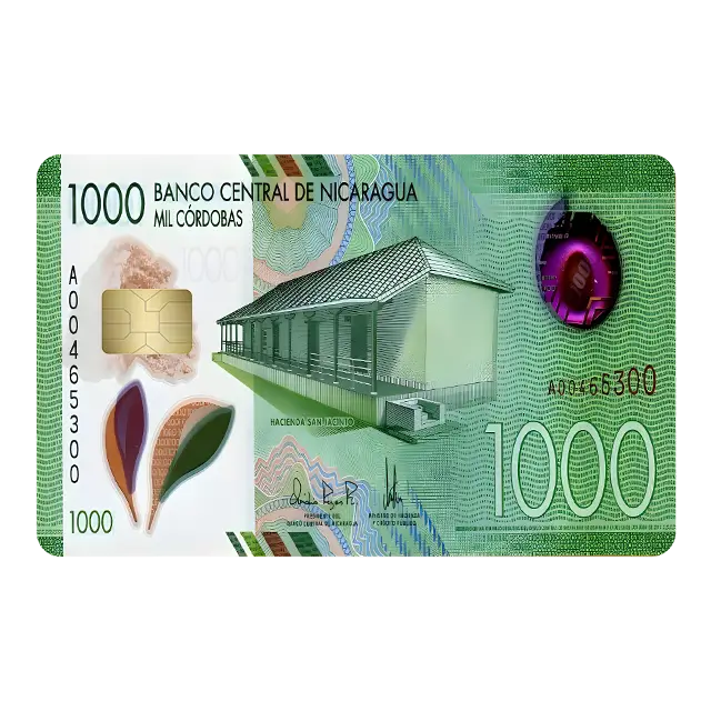 Nicaragua Cordoba Debit Card Stickers - 1000 Banco Central de Nicaragua, Features Bank Logo, Card Number, and Design Elements