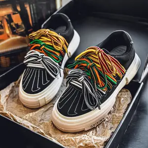 Men's High Street Ins-Style Shell-Toe Sneakers - Thick-Soled Height-Increasing Low-Top Casual Shoes with Vibrant Rainbow Laces, Durable Rubber Sole & Breathable Canvas/Nylon Blend, Unisex-Friendly Streetwear Fashion Closed Running