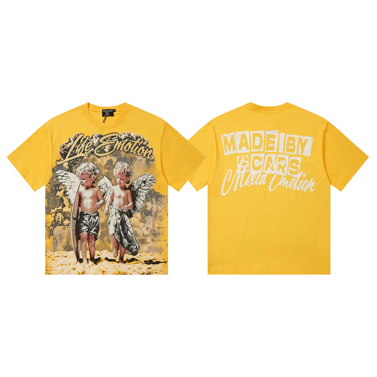 MIXED EMOTION Rhinestone Beach Cherub Graphic Tee 270g Heavyweight Lemon Yellow Y2K Streetwear Mens Standard Fit