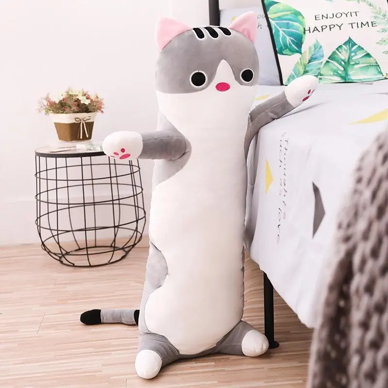 Unisex Soft Plush Long Cat Body Pillow - Plush Fabric, Fluffy Appearance, Cute Paw Detail Stuffed Animal, Cozy Sleep Accessory, Multi-Purpose Bedroom Home Decor (Gray & Yellow)