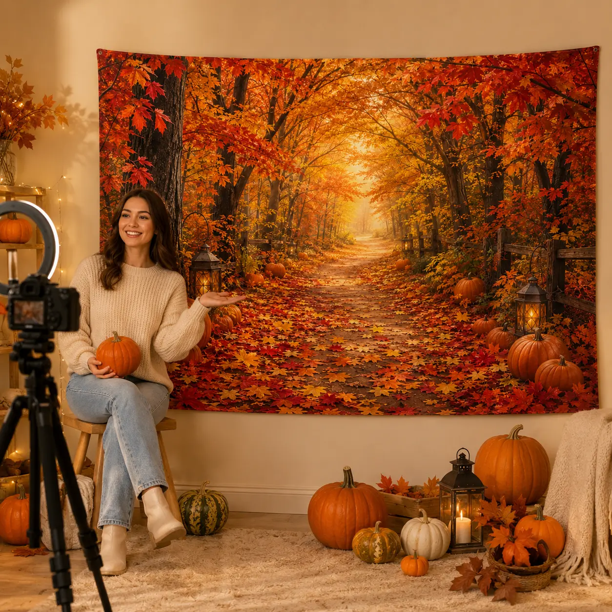 Polyester Fall Halloween Tapestry Backdrop - Artificial Pumpkin Festive Backdrops & Banners, Decoration for Living Room, Halloween Ideas