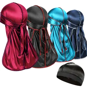 Silky Durag and Wave Cap Set for Men, 4 Satin Do Rags for Sleeping, Wolfing and 360 Wave Training, Long Tail Design