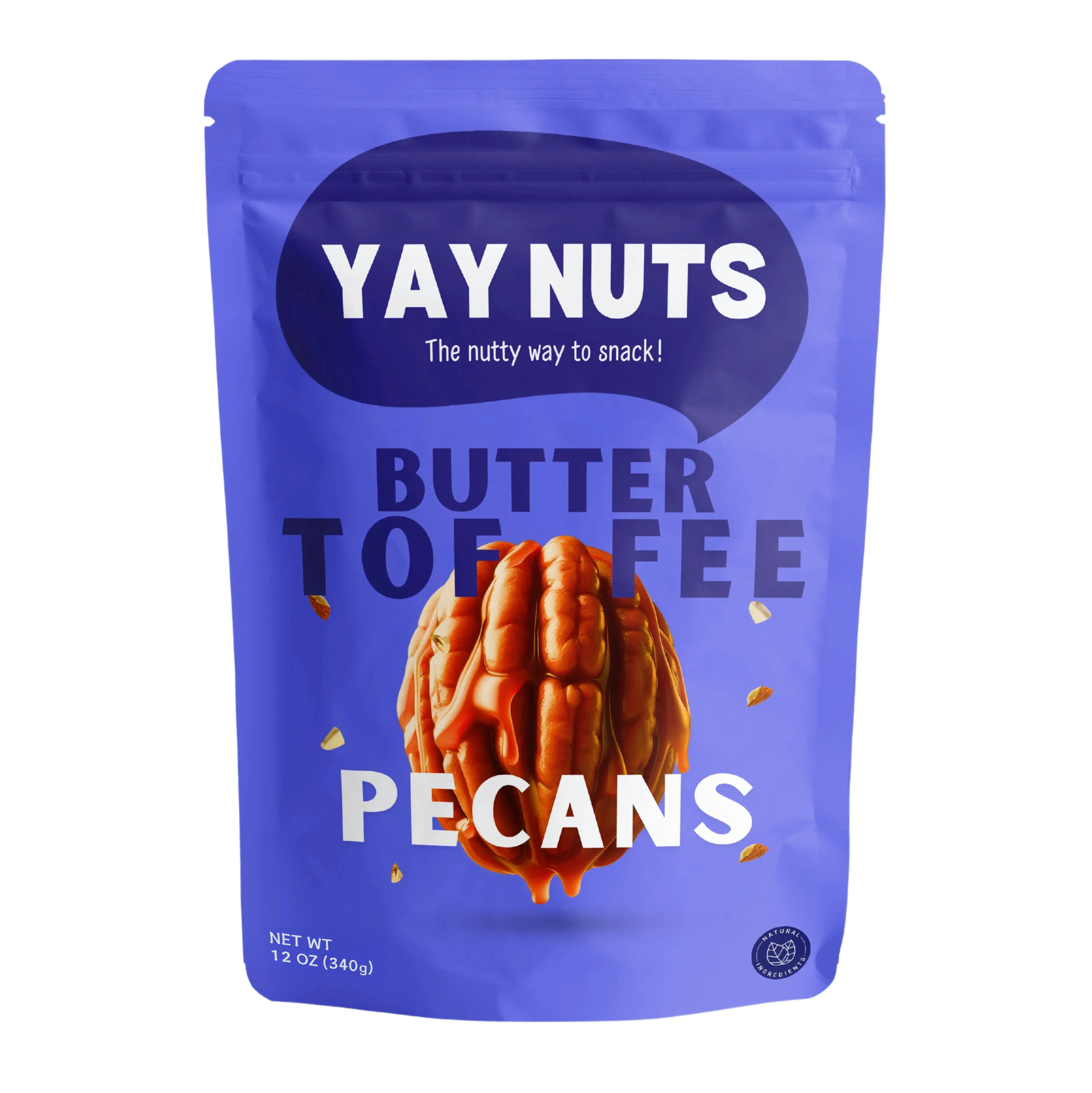 Yay Nuts Butter Toffee Pecans - 12 oz Resealable Pouch, Real Roasted Pecans Inside, Peanut-Infused Coating, Delightful Crunch Snack, Sweet-Crave Fix, 4-Ingredient, No-Additives Bite-Sized Pack for Students (Allergy Note: Contains Peanuts)