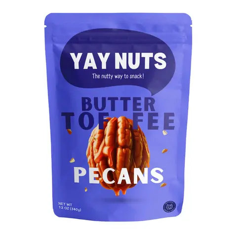 Yay Nuts Butter Toffee Pecans - 12 oz Resealable Pouch, Real Roasted Tree Nuts, Peanut-Infused Coating, Delightful Crunch Snacks, Sweet-Crave Fix, 4-Ingredient, No-Additives Bite-Sized Great Value Treat for All Ages (Allergy Note: Contains Peanuts)