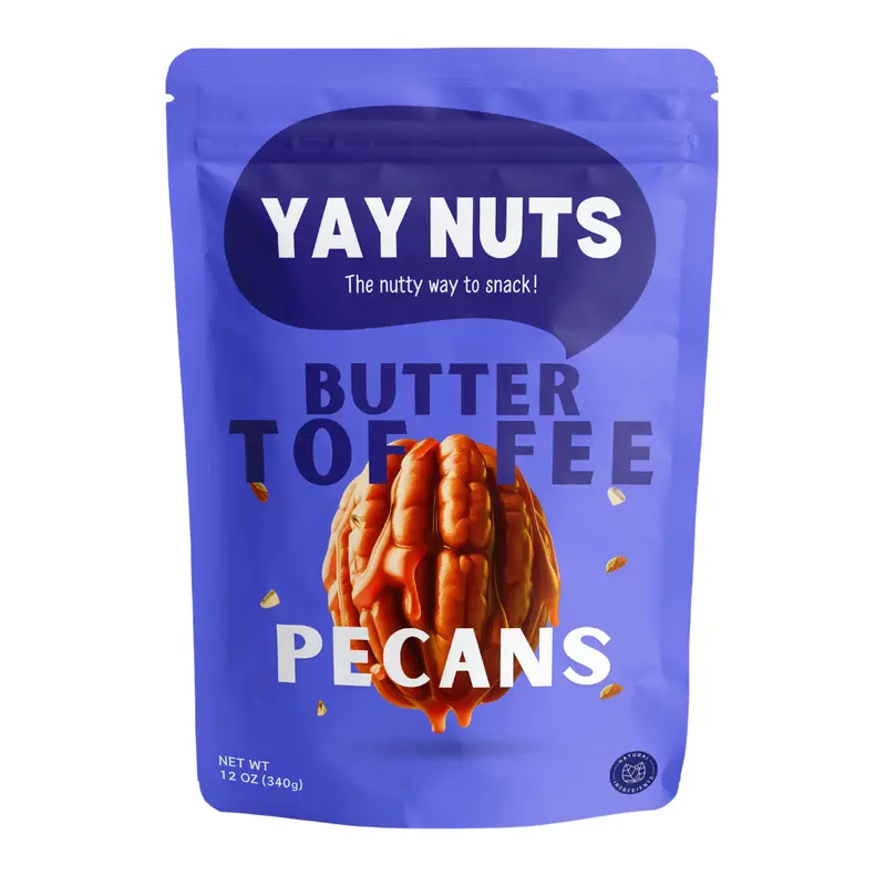 Yay Nuts Butter Toffee Pecans - 12 oz Resealable Pouch, Real Roasted Tree Nuts, Peanut-Infused Coating, Delightful Crunch Snacks, Sweet-Crave Fix, 4-Ingredient, No-Additives Bite-Sized Great Value Treat for All Ages (Allergy Note: Contains Peanuts)