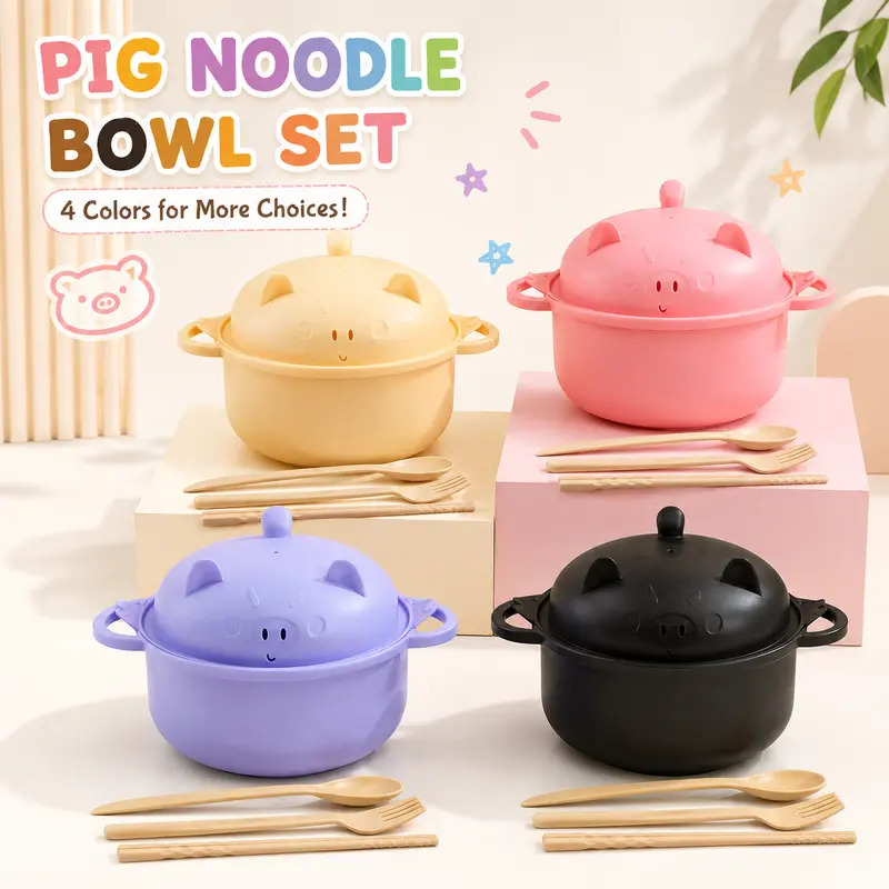 Arthink Pig-Shaped Ramen Bowl with Lid & Spoon - Lightweight, Microwave-Safe, Dishwasher-Safe, Large-Capacity Ergonomic Kitchen Tableware for College Dorm Room, Busy Individuals, Everyday Convenience